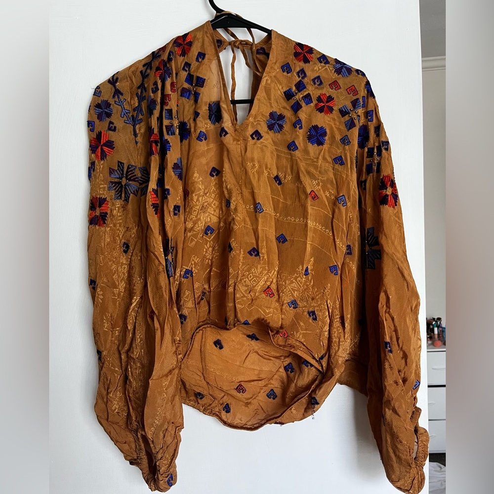 Free People Mustard Top with Blue Embroidery